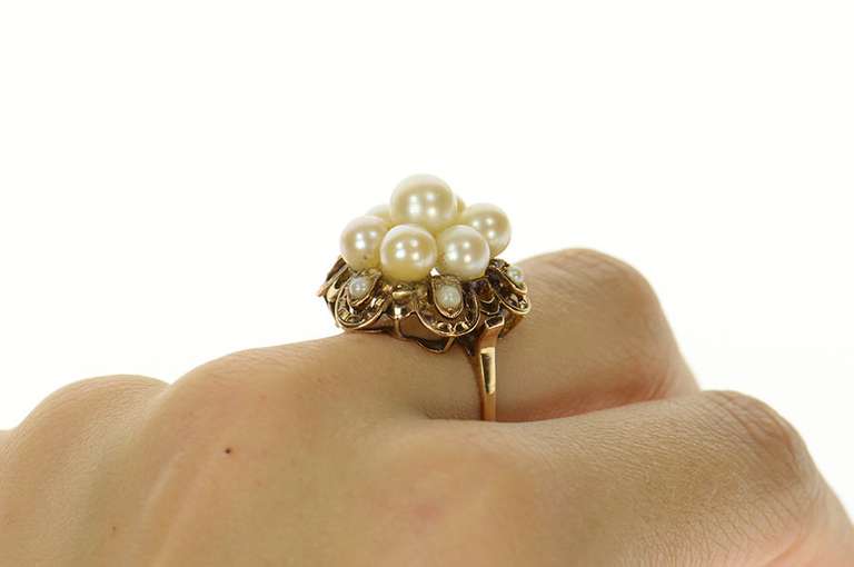 14K Yellow Gold 1950's Ornate Pearl Cluster Cocktail Ring