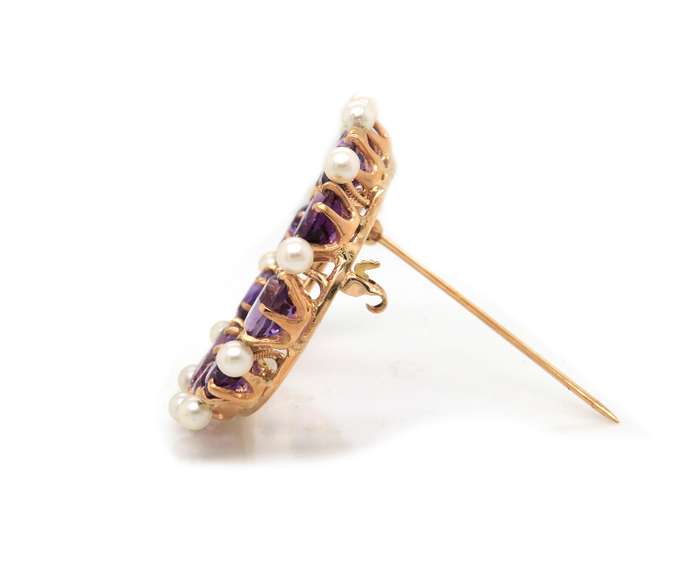 Retro 14kt YG Oval Amethyst and Pearl Brooch
