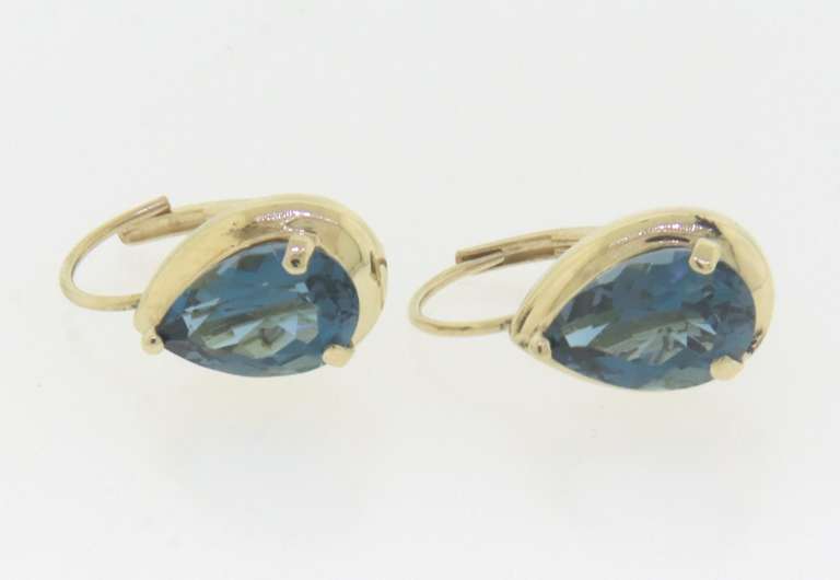 Fabulous Yellow Gold Pear Blue Topaz Dangle Earrings