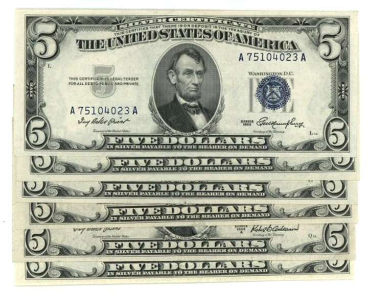 6 Choice Crisp Uncirculated 1953 $5 Blue Seal Silver Certs