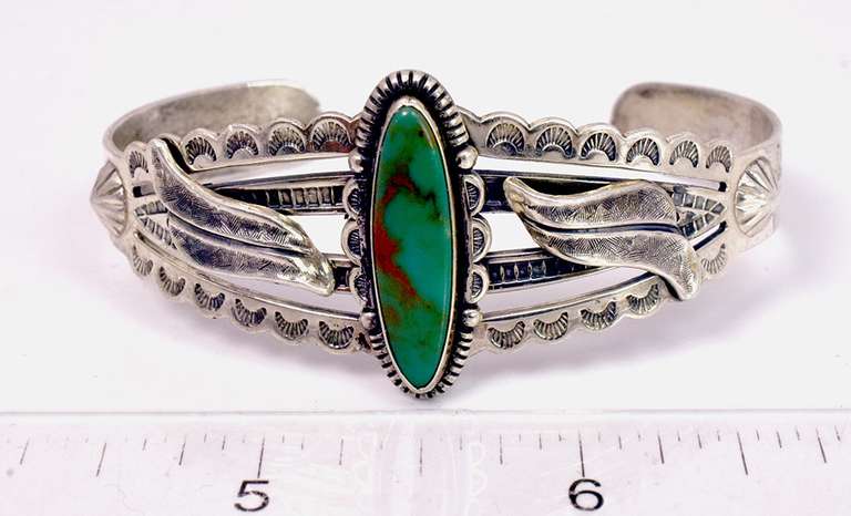 Intricate Native American Sterling Silver Bracelet with Large Green Center Turquoise
