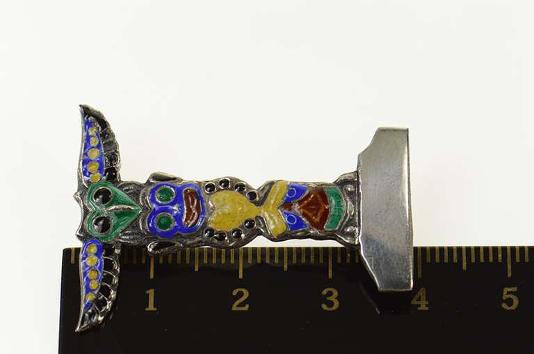 Sterling Hawaiian Tiki Enamel Ornate Tower Pin/Brooch