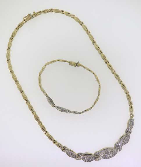 Eyecatching Yellow Gold Leaf Style CZ Necklace w Matching Bracelet