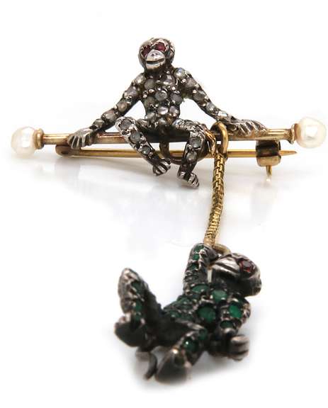 Very Cute Gemstone Monkey Brooch