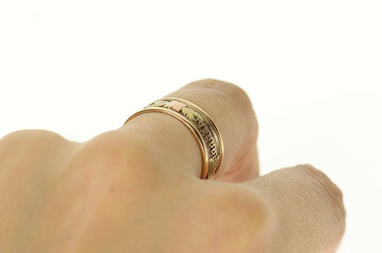14K Yellow Gold Two Tone Victorian Leaf Wavy Pattern Band Ring