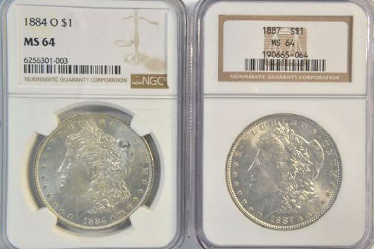 Near Gem BU 1884-O & 1887 Morgan Silver Dollars. NGC MS64