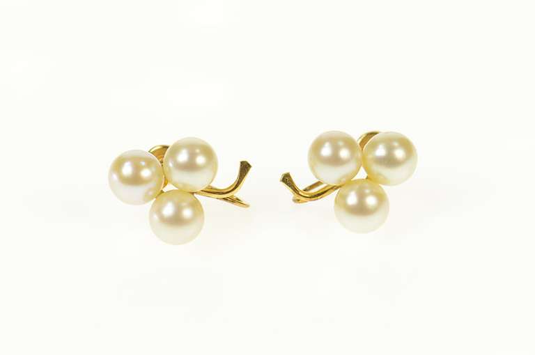14K Yellow Gold Pearl Clover Shamrock Screw Back Earrings