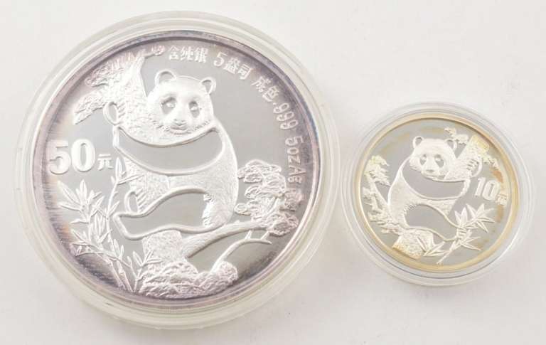 1987 China 10 Yuan & 50 Yuan 1 Oz & 5 Oz .999 Silver 2 Coin Set BOX