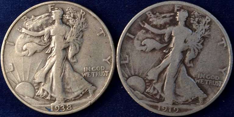 Lot Of 2 Walking Liberty Half Dollars, 1938-D & 1919.