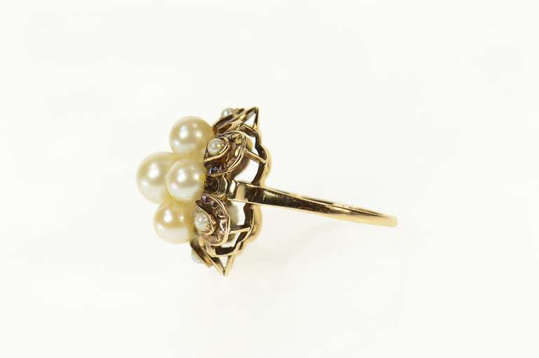 14K Yellow Gold 1950's Ornate Pearl Cluster Cocktail Ring