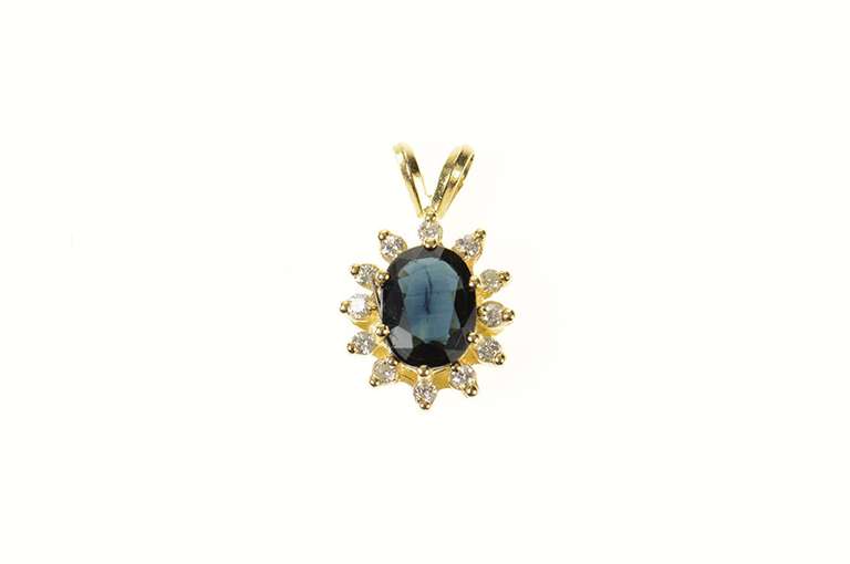 14K Yellow Gold 1.10 Ctw Natural Sapphire Diamond Halo Pendant