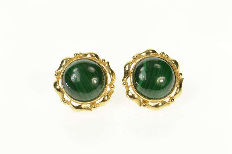 14K Yellow Gold Round Malachite Cabochon Retro Stud Earrings
