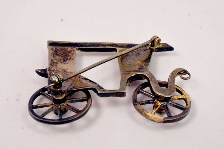 Whimsical Sterling Silver Horse Carriage Brooch with Multi-Colored Crystal Accents