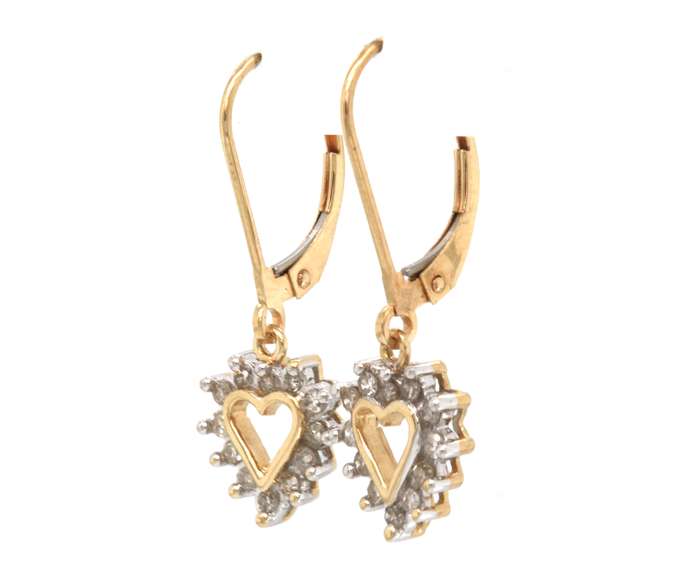 Simple Yellow Gold Diamond Heart Dangle Earrings