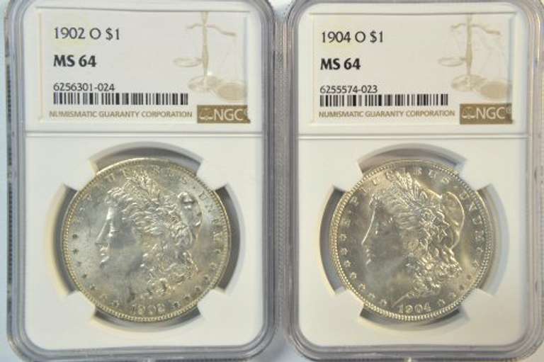 Blazing 1902-O & 1904-O Morgan Silver Dollars. NGC MS64