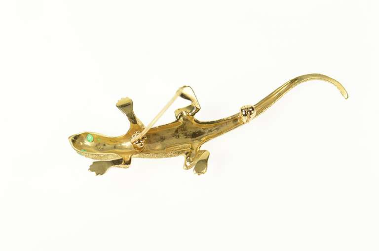 14K Yellow Gold Emerald Eyed Lizard Textured Gecko Pin/Brooch