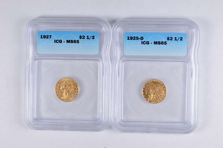 Lot (2) MS65 1925-D & 1927 $2.50 Indian Head Gold Quarter Eagles - ICG