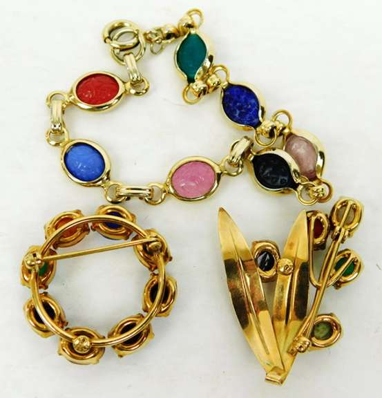 Vintage Collection of Gold-Filled Gemstone Scarab Jewelry
