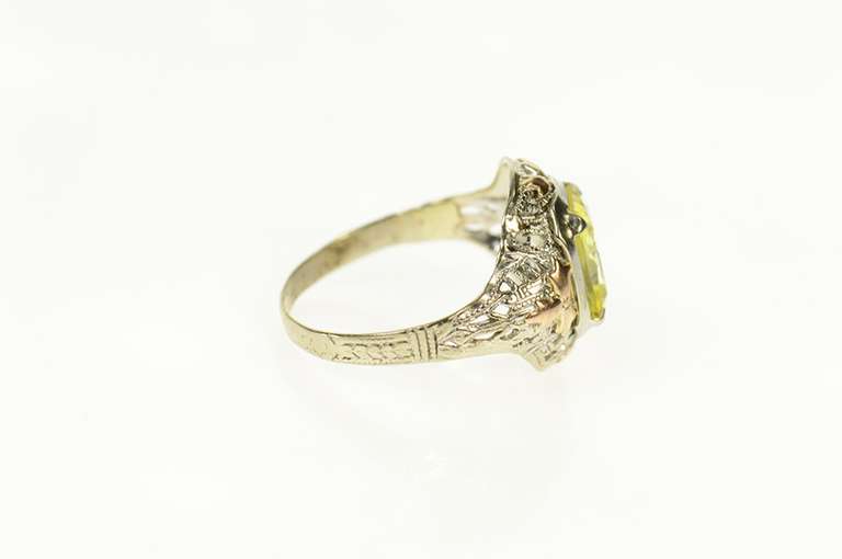 14K Yellow Gold Art Deco Two Tone Filigree Yellow Topaz Ring