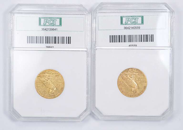 Lot (2) 1910 & 1911 $5.00 Indian Head Gold Half Eagles - Graded PCI