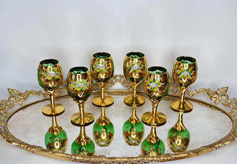 Vintage Italian Hand Painted Gold and Emerald Green Cordial Footed Glasses With Enamel Flowers, Set of Six