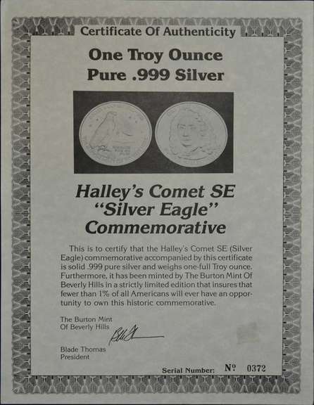 Halley's Comet Silver Eagle Commemorative 1otz .999