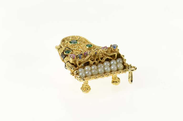 14K Yellow Gold Retro Elaborate Pearl Emerald Piano Charm/Pendant