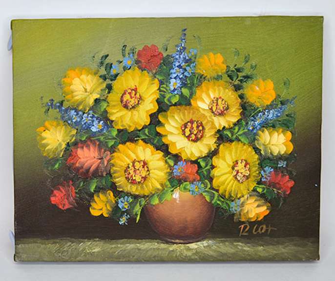 Still Life With Sunflowers in Vase, Signed Original  Oil  Painting