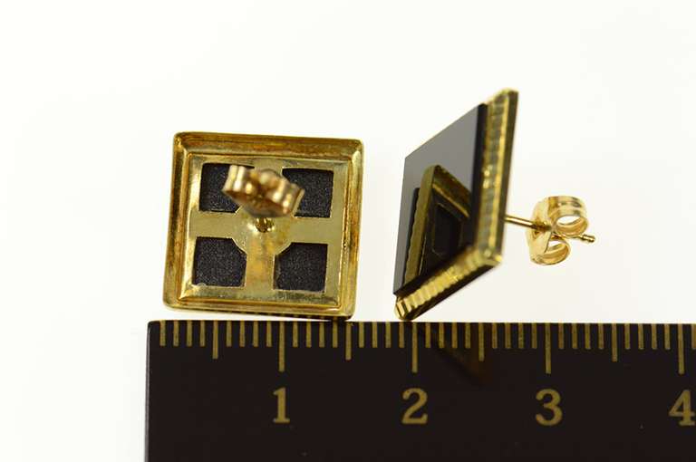 14K Yellow Gold Square Black Onyx Grooved Trim Stud Earrings