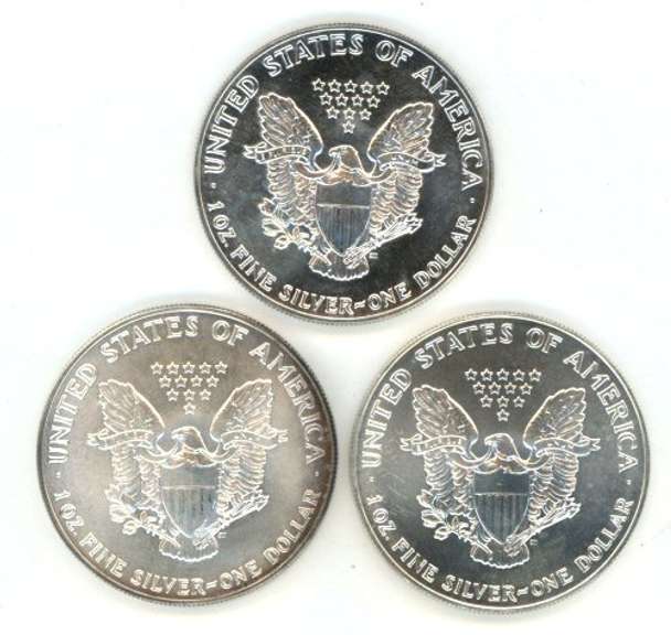 Better date Superb Gem BU 1987, 1992, & 1993 $1 Silver Eagles