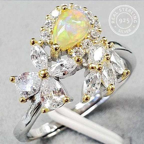 GENUINE AUSTRALIAN OPAL & CZ 925 STERLING SILVER ADJUSTABLE RING
