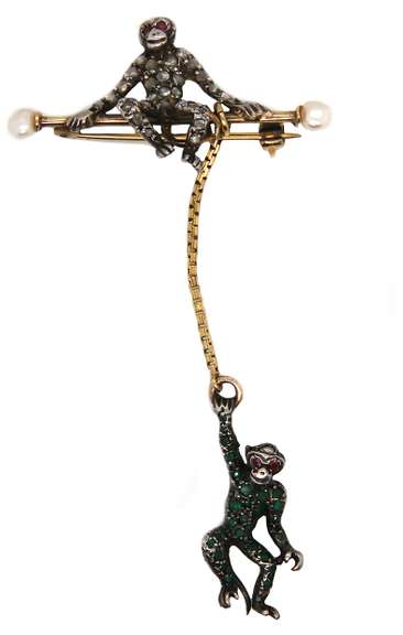 Very Cute Gemstone Monkey Brooch