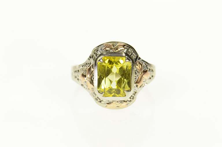 14K Yellow Gold Art Deco Two Tone Filigree Yellow Topaz Ring
