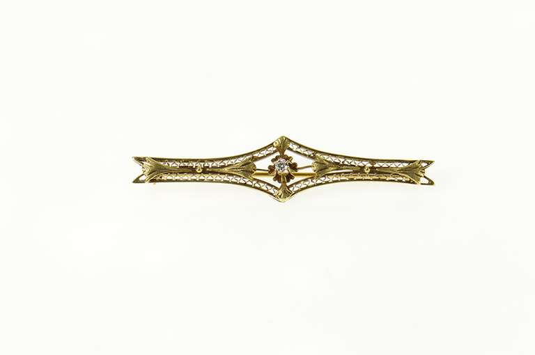 14K Yellow Gold Art Deco Diamond Ornate Filigree Bar Pin/Brooch