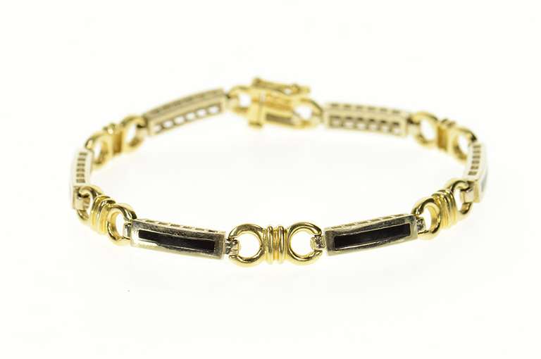 14K Yellow Gold Black Onyx Squared Inlay Bar Link Statement Bracelet