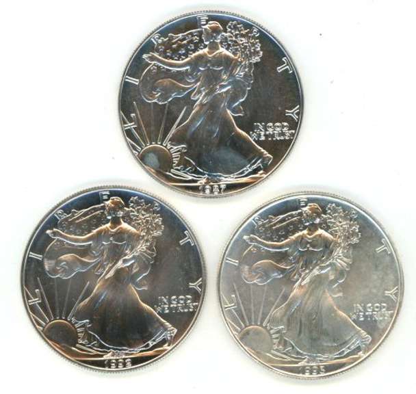 Better date Superb Gem BU 1987, 1992, & 1993 $1 Silver Eagles