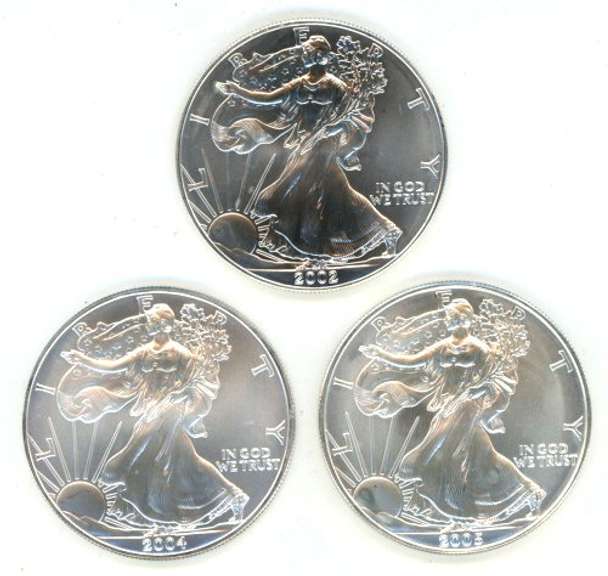 Superb Gem BU 2002, 2004, & 2005 $1 Silver Eagle coins