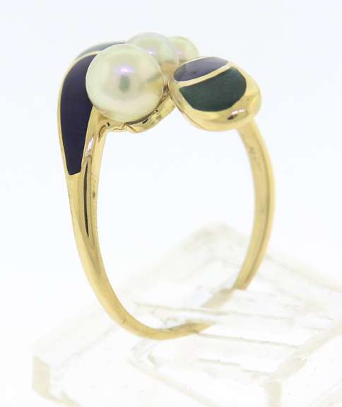 Glowing Yellow Gold Mikimoto Pearl and Enamel Bypass Ring