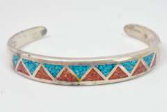 Colorful Native American Coral and Turquoise Bracelet. Signatured.