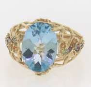 Powerful Blue Topaz, Amethyst, Peridot and Citrine Yellow Gold Ring