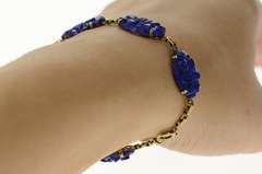 14K Yellow Gold Carved Floral Lapis Lazuli Statement Bracelet