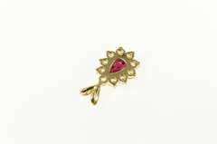 14K Yellow Gold Pear Ruby CZ Halo Ornate Statement Pendant