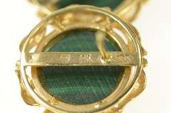 14K Yellow Gold Round Malachite Cabochon Retro Stud Earrings