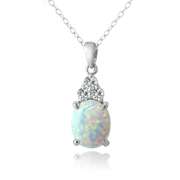 Sterling Silver Created White Opal & White Sapphire Oval Necklace