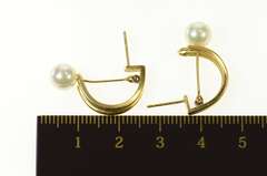 14K Yellow Gold Pearl Pendulum Drop Bar Semi Hoop Statement Earrings