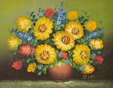 Still Life With Sunflowers in Vase, Signed Original  Oil  Painting
