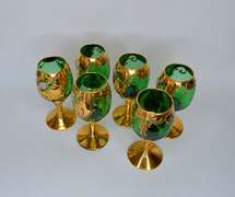 Vintage Italian Hand Painted Gold and Emerald Green Cordial Footed Glasses With Enamel Flowers, Set of Six