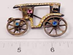 Whimsical Sterling Silver Horse Carriage Brooch with Multi-Colored Crystal Accents