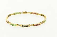 14K Yellow Gold Ruby Emerald Sapphire Diamond Bar Link Bracelet