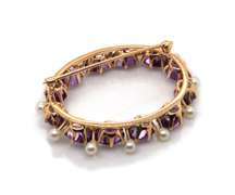 Retro 14kt YG Oval Amethyst and Pearl Brooch